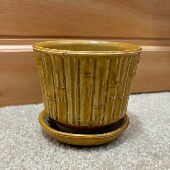 McCoy Pottery Bamboo Planter with Attached Saucer 0372 Brown MCM Vintage - Picture 1 of 7